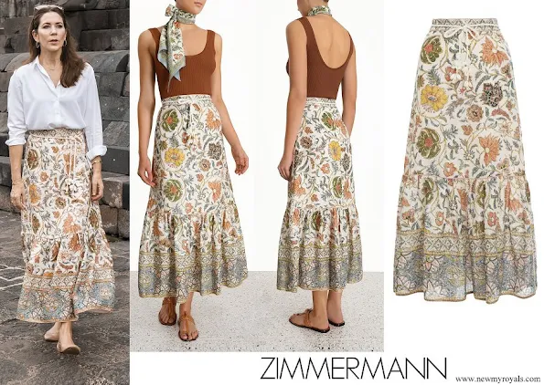 Crown Princess Mary wore ZIMMERMANN Edie floral-print linen maxi skirt