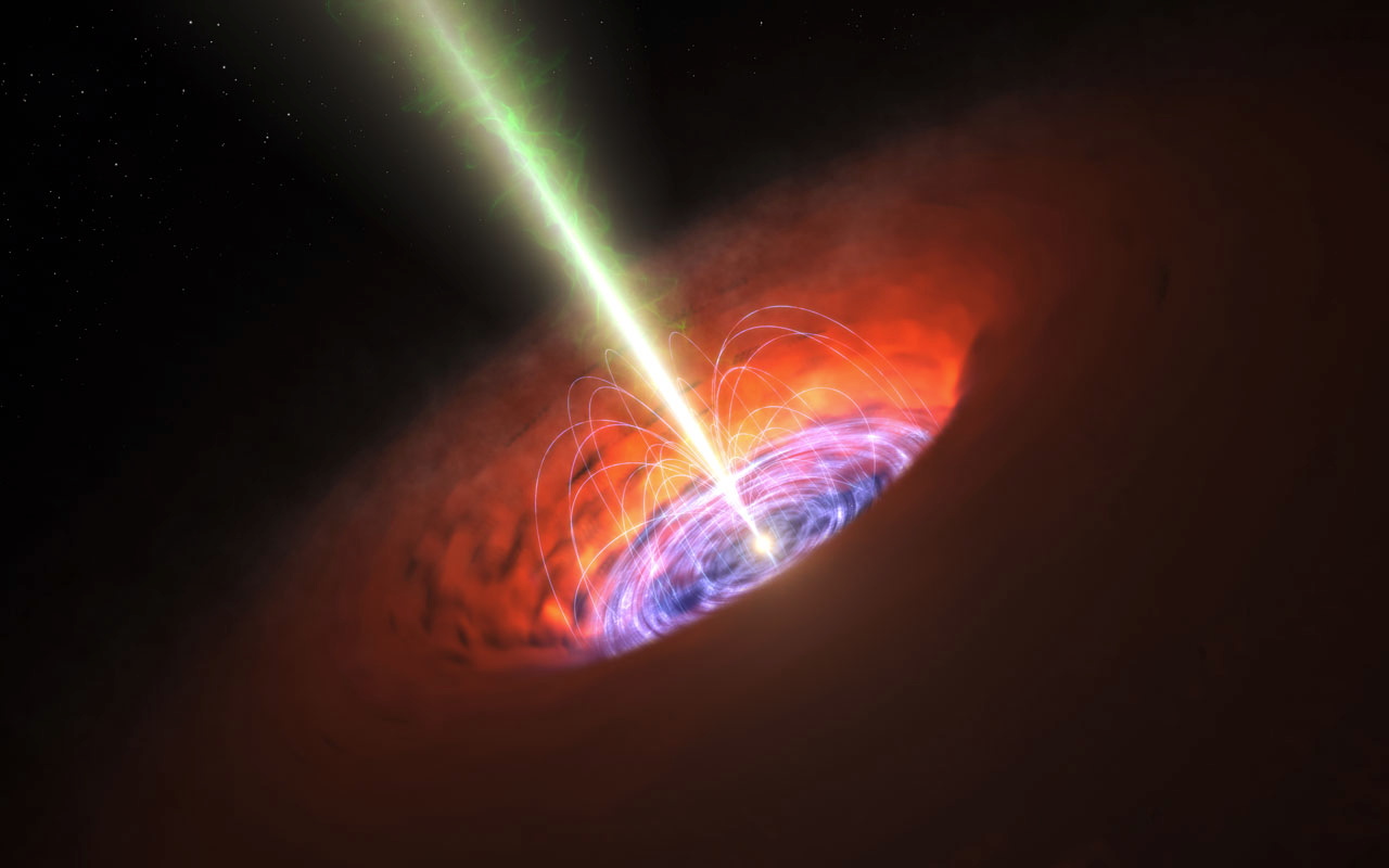 Esta concepción artística muestra el entorno de un agujero negro, incluyendo su disco de acreción, jet, y el campo magnético. 