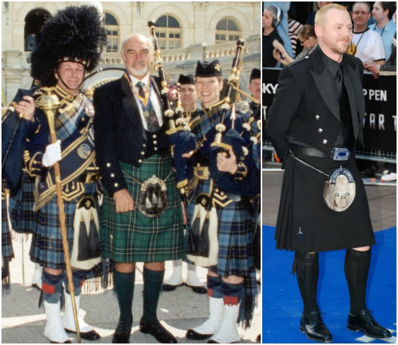 (Left) Sean Connery with members of the United States Air Force Reserve's Pipe and Drum Band in Washington, DC. (Right) British Actor Simon Pegg. Credit Andre Luis