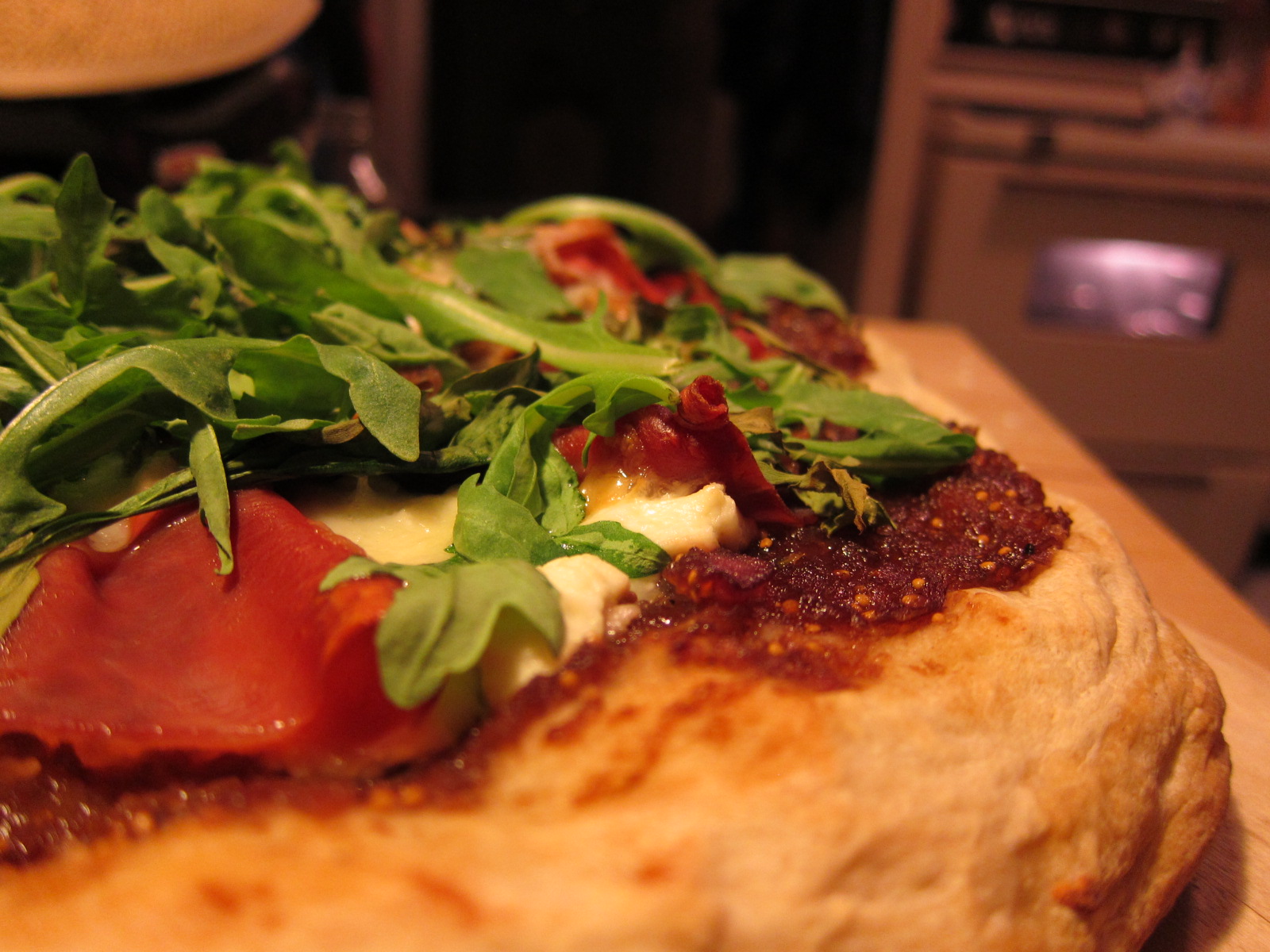 Pimpernelle Fig, Arugula, Goat Cheese and Prosciutto Pizza