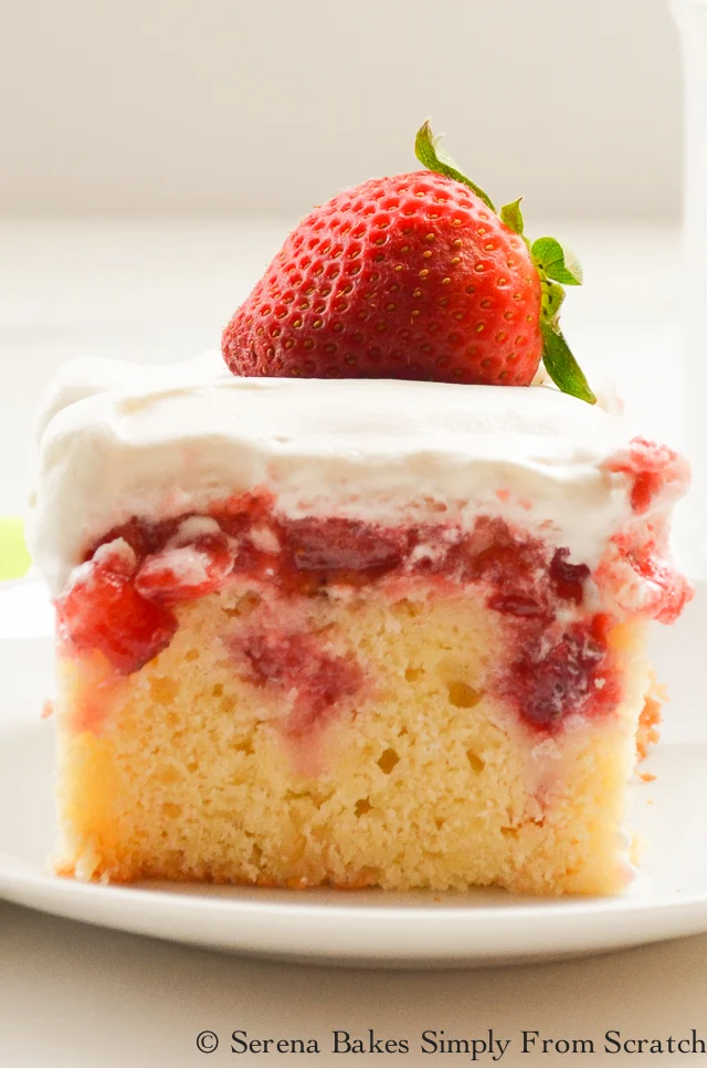 Top 10 Recipes of 2016 Strawberry Shortcake Poke Cake on serenabakessimplyfromscratch.com