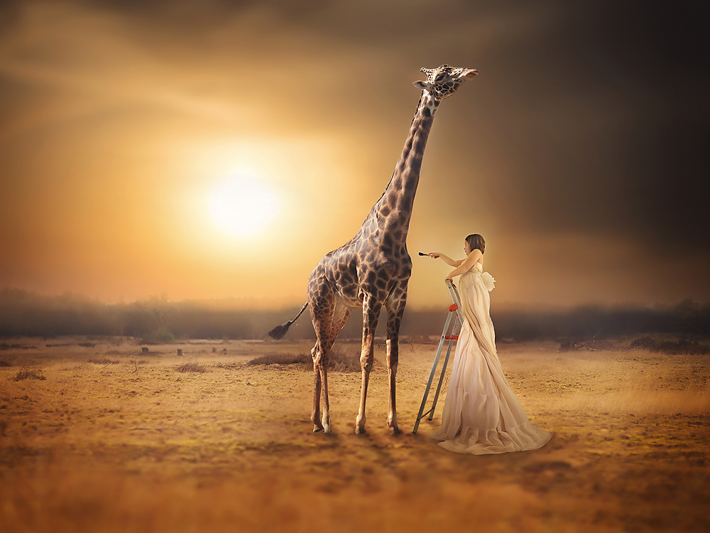 conceptual fantasy image of a girl and a Giraffe