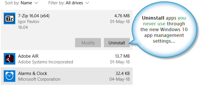 Apps uninstalling page on Windows 10 settings
