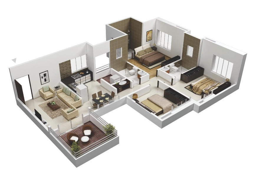 Denah Rumah Minimalis 3 Kamar Tidur 3D Denah Rumah Minimalis 3 Kamar Tidur 3D