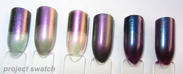 swatches - Butter London Knackered, Wet n Wild Fast Dry Gray's Anatomy, Sally Hansen Nail Prism Star Opal, Essence Where is the Party?, Orly Mysterious Curse, Chamelon Waltz