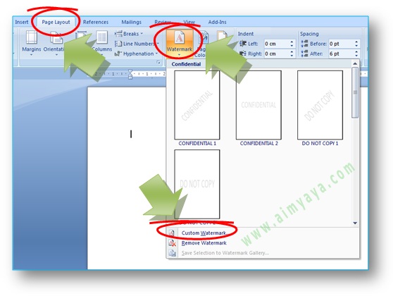 gambar: Cara membuat watermark melalui tab menu ribbon Page layout - watermark di Microsoft Word
