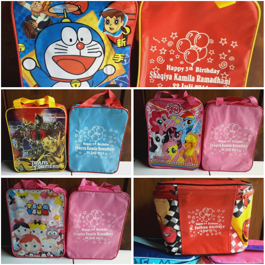 Souvenir ultah tas tenteng dan tas kubus + sablon tulisan