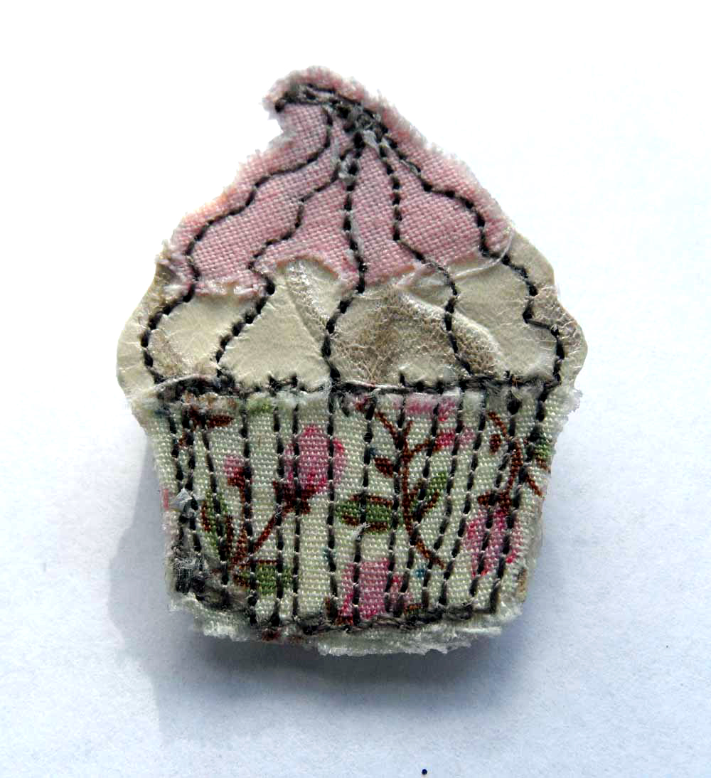 We Make London Machine Embroidered Cup Cake Brooch Details