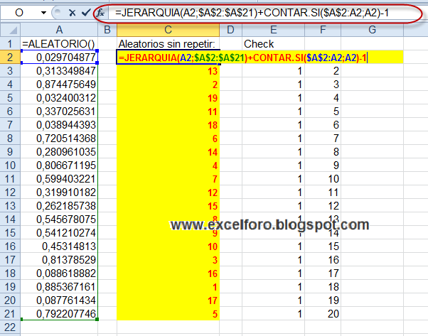 FORO: blog de Excel: Aleatorios sin repetición en Excel, sin macros.