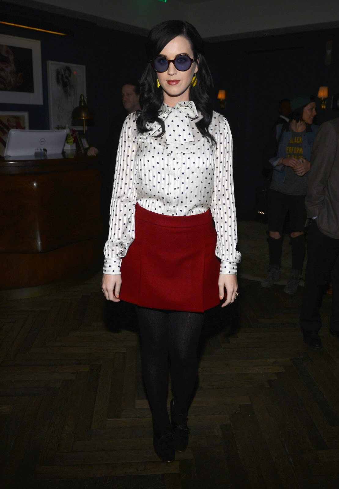 Ladies in Satin Blouses: katy perry - white satin polkadot blouse