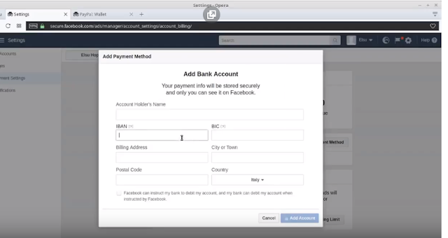 إضافة البنك كطريقة دفع على الفيسبوك 