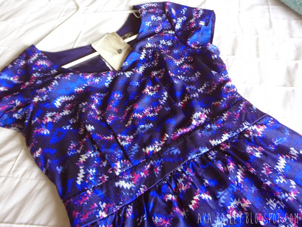 Royal blue dress with pink and white geometric print