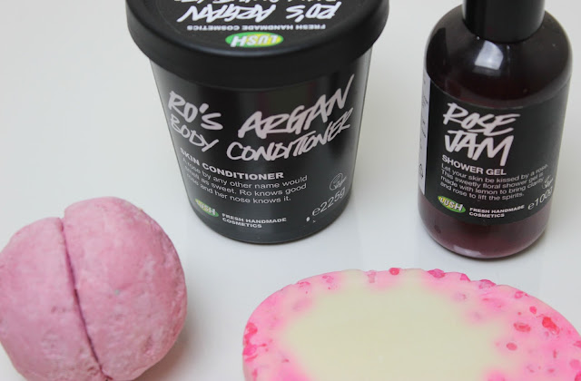 A picture of Lush Ro's Argan Body Conditioner, Lush Rose Jam Shower Gel, Lush Rose Jam Bubbleroon and Lush Pearl Massage Bar