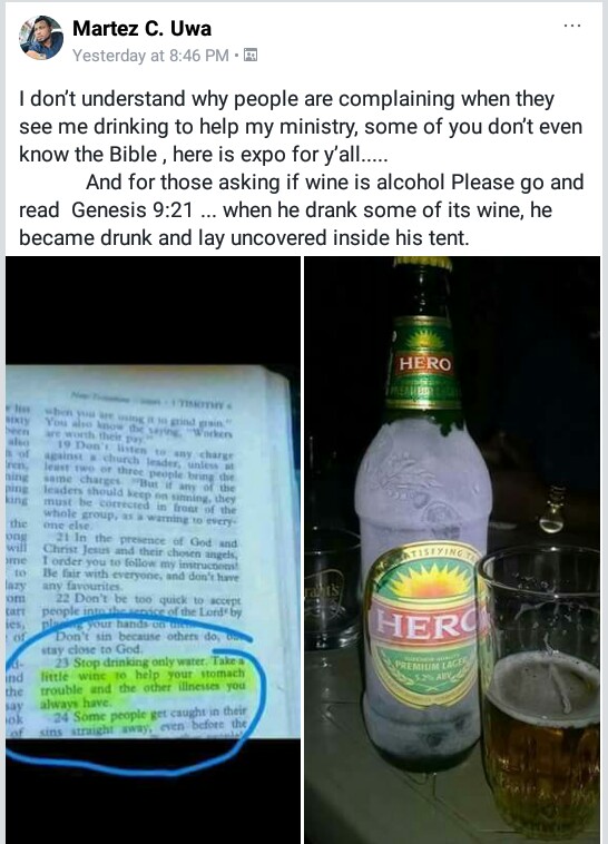Nigerian Facebook user posts Bible verse and bottle of beer to justify