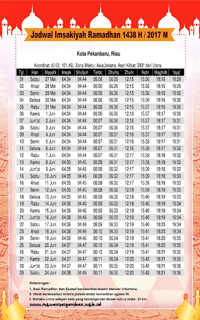 Jadwal Imsakiyah Ramadhan 1438 H / 2017 M Untuk Kota Pekanbaru