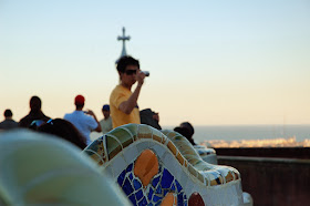 Mosaic serpentine benches using trencadis technique in Park Guell by Gaudi
