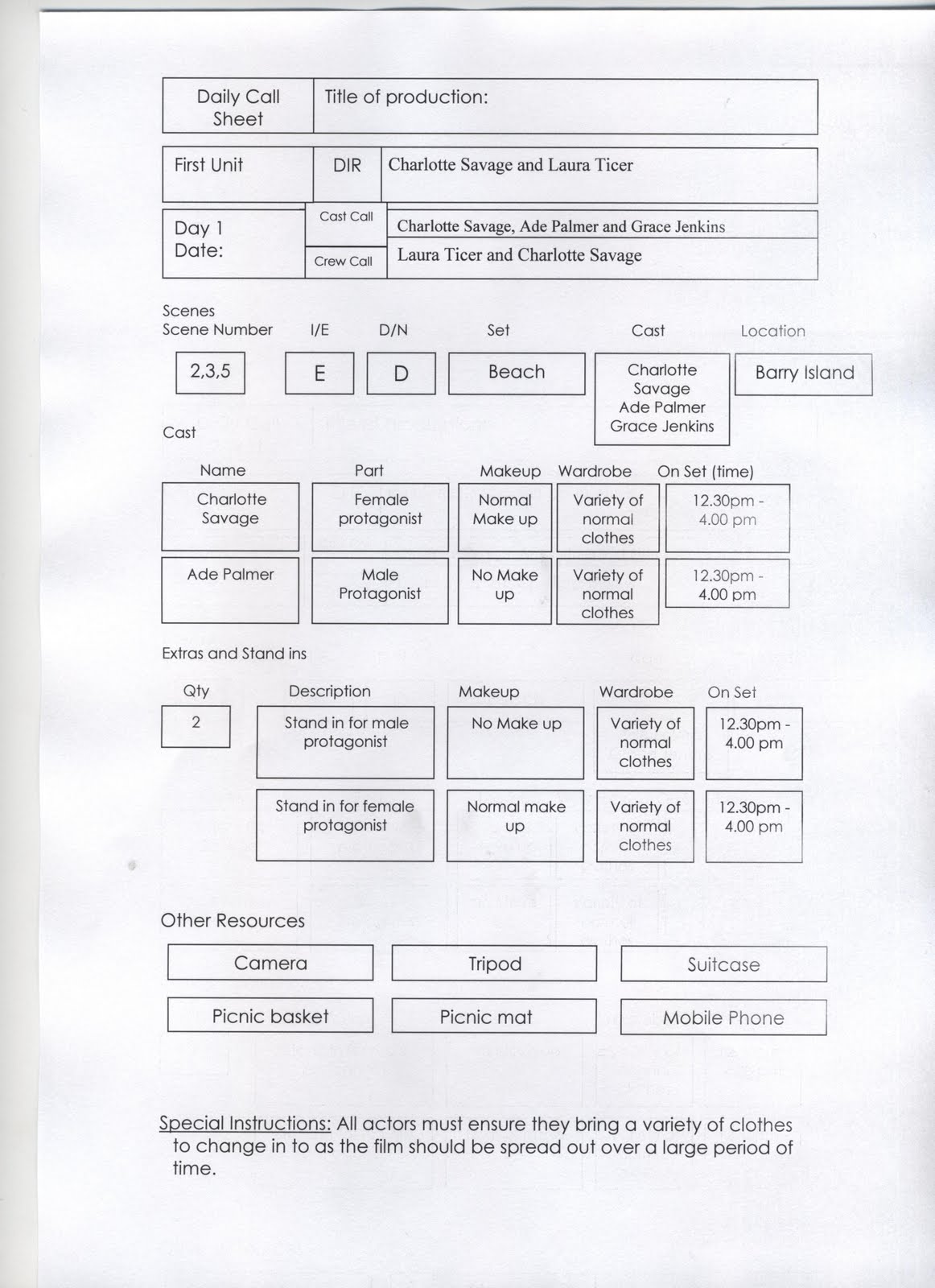 A2 Media Coursework: Planning: Call Sheets