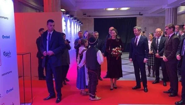 Crown Princess Mary wore a cherry wine colour tailored velvet midi dress by Beulah London, and Pura Lopez Kameron evening heeled pumps