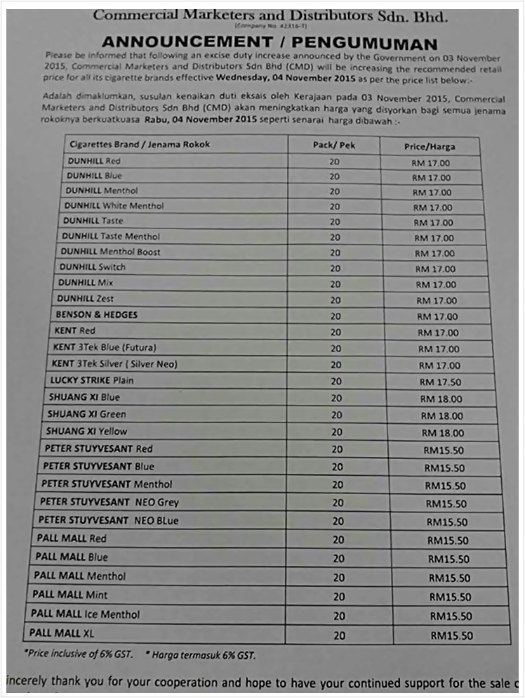 Senarai Harga Rokok Malaysia 4 Nov Naik 40%