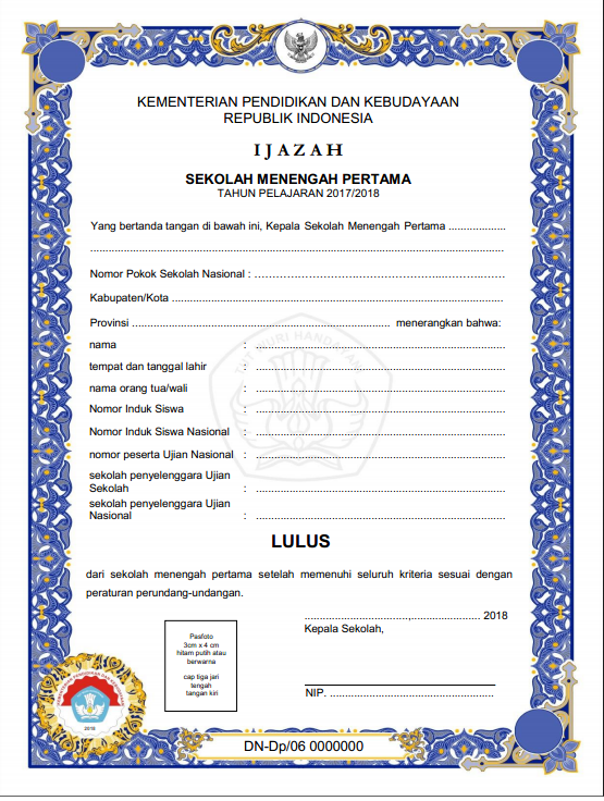 Contoh Blangko Ijazah Sd Smp Sma Smk Tahun 2018 Sesuai