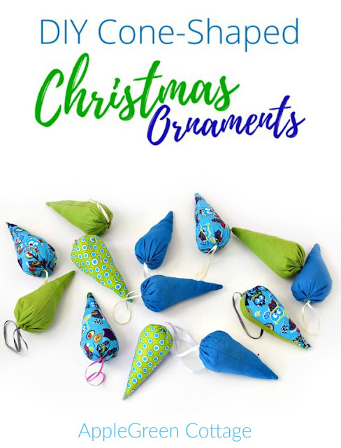 Free pattern with a beginner sewing tutorial for cone-shaped Christmas tree ornaments you can make this Christmas! Totally easy and quick to make.