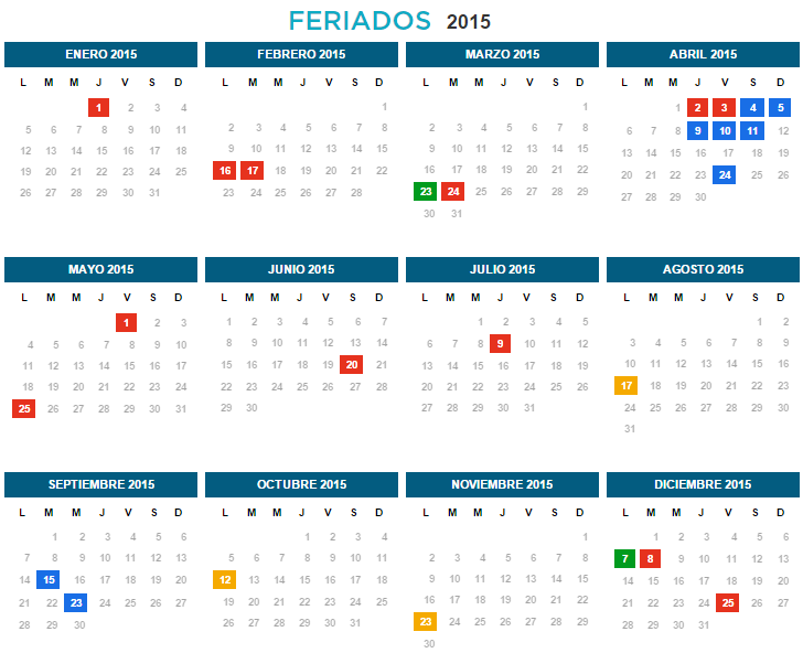 Calendario 2015 con feriados para imprimir en A4