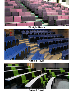 three different lecture theatres with lecture chairs positioned in straight, angled and curved rows
