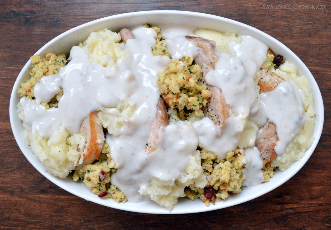 Joyously Domestic Pork Chop, Stuffing and Mashed Potato Casserole