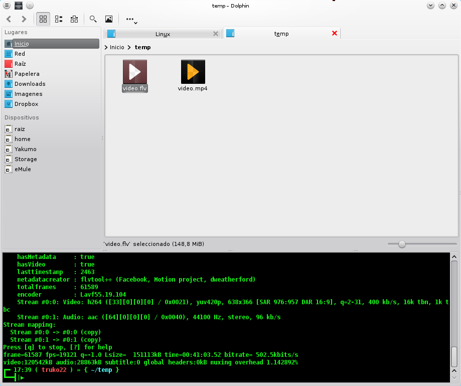 Convertir archivos flv a mp4 con ffmpeg en Linux.