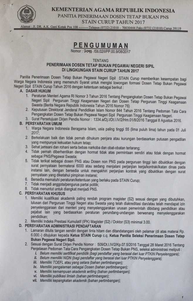 Rekrutmen Penerimaan 15 Dosen Tetap Stain Curup September