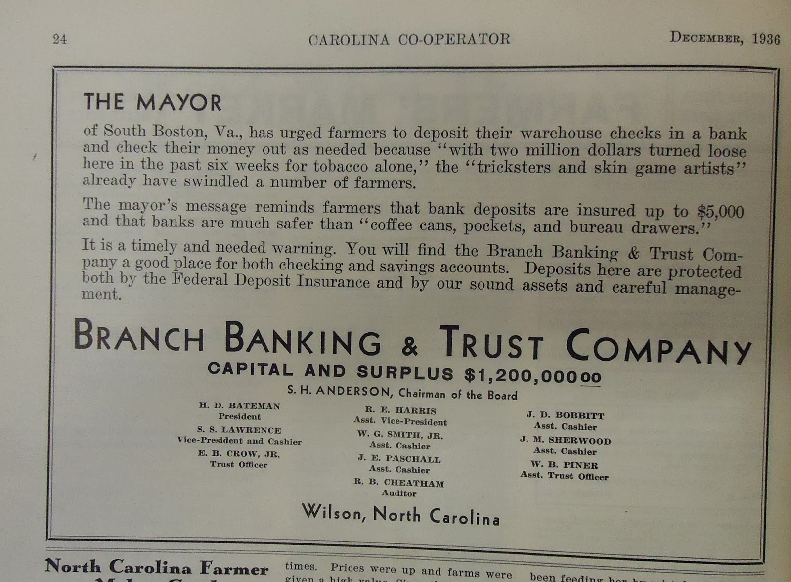 Rural North Carolina History Branch Banking & Trust Co., Wilson, NC, 1934