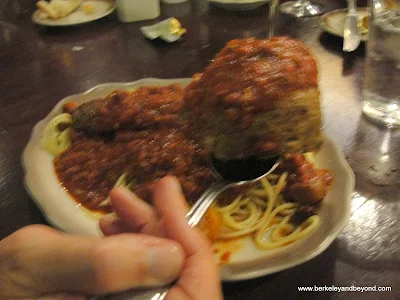 spaghetti and giant meatball side Original Joe's in San Jose, California