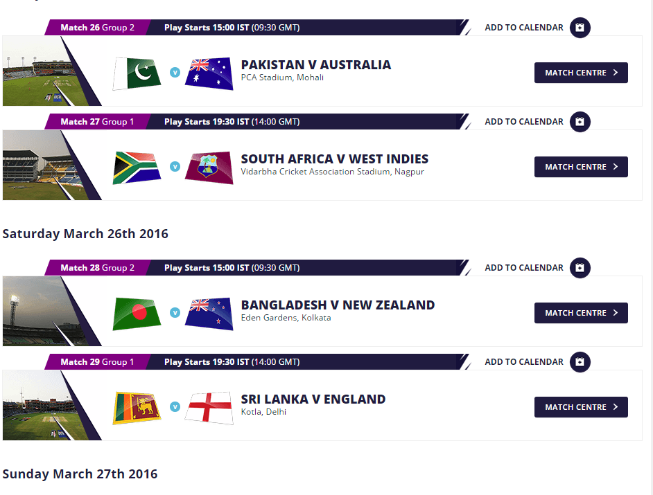 ICC World Twenty T20 Schedule And Points Table