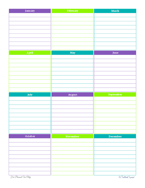 free printable, yearly planner, special dates, month by month
