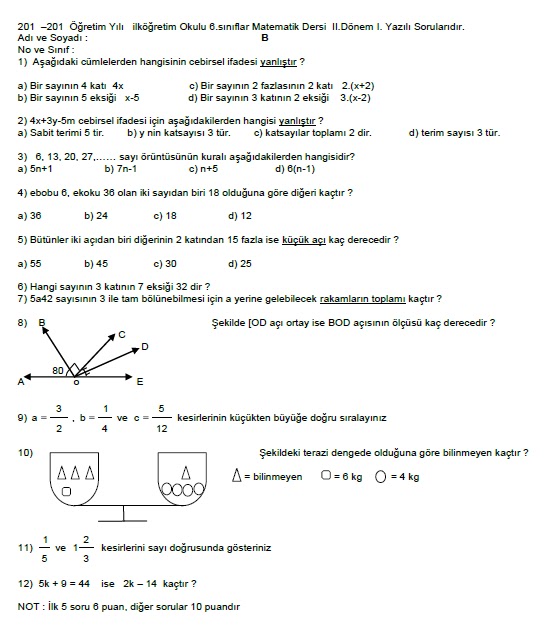 6.SINIF MATEMATİK 2.DÖNEM 1.YAZILI SORULARI - İlköğretim Matematik