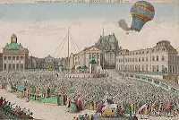 Первый полет воздушного шара братьев Монгольфье. Рисунок XVIII века.
