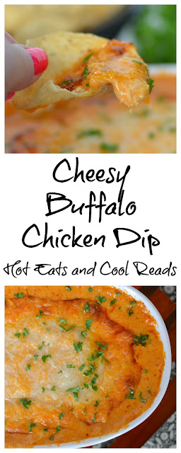 Perfect game day or party appetizer! Definite crowd pleaser and SO easy to make! Cheesy Buffalo Chicken Dip Recipe from Hot Eats and Cool Reads
