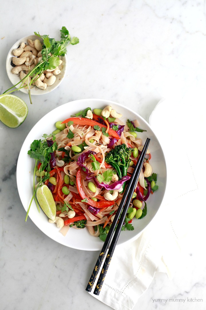 vegetarian pad thai recipe This easy vegetarian and vegan pad Thai recipe is loaded with colorful vegetables like broccoli, bell pepper, and edamame and coated with a delicious homemade pad Thai sauce.