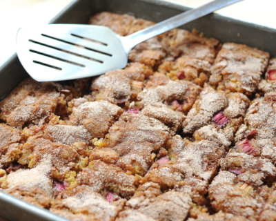 Rhubarb Cake ♥ KitchenParade.com, simple and rustic, less sweet to really taste rhubarb's wonderful 'sour'.