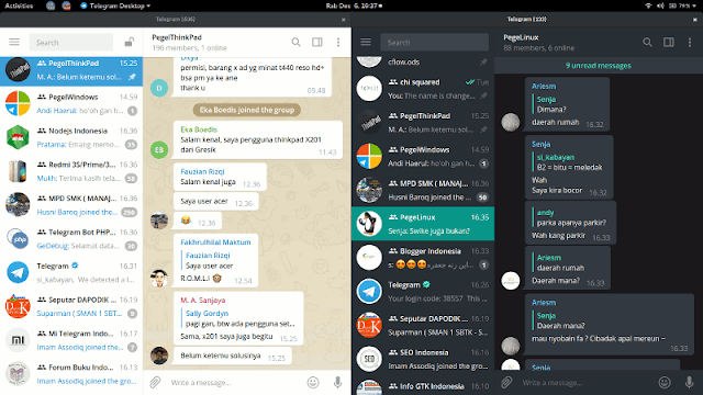 Gambar dua buah Telegram Desktop yang membuka dua akun berbeda secara bersamaan