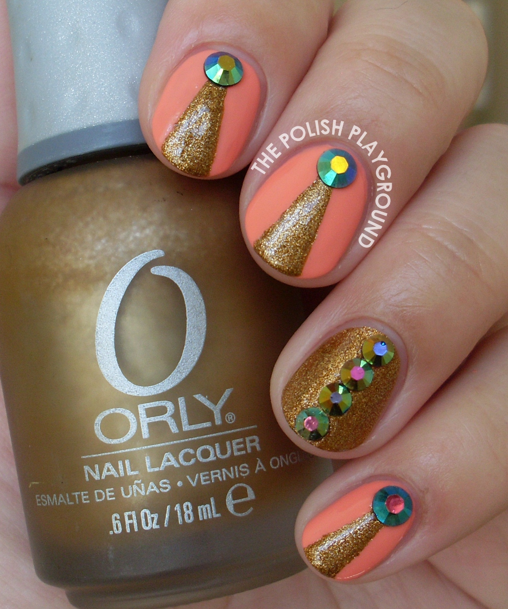Peach and Gold with Round Rhinestones Nail Art