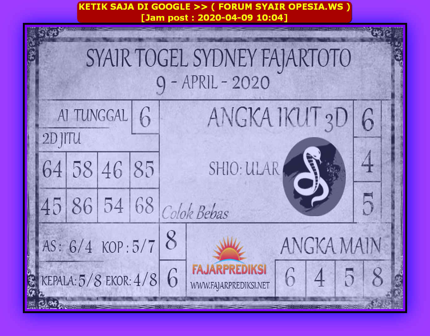 Prediksi Syair Sydney 9 April 2020 KODE SYAIR SGP SYAIR