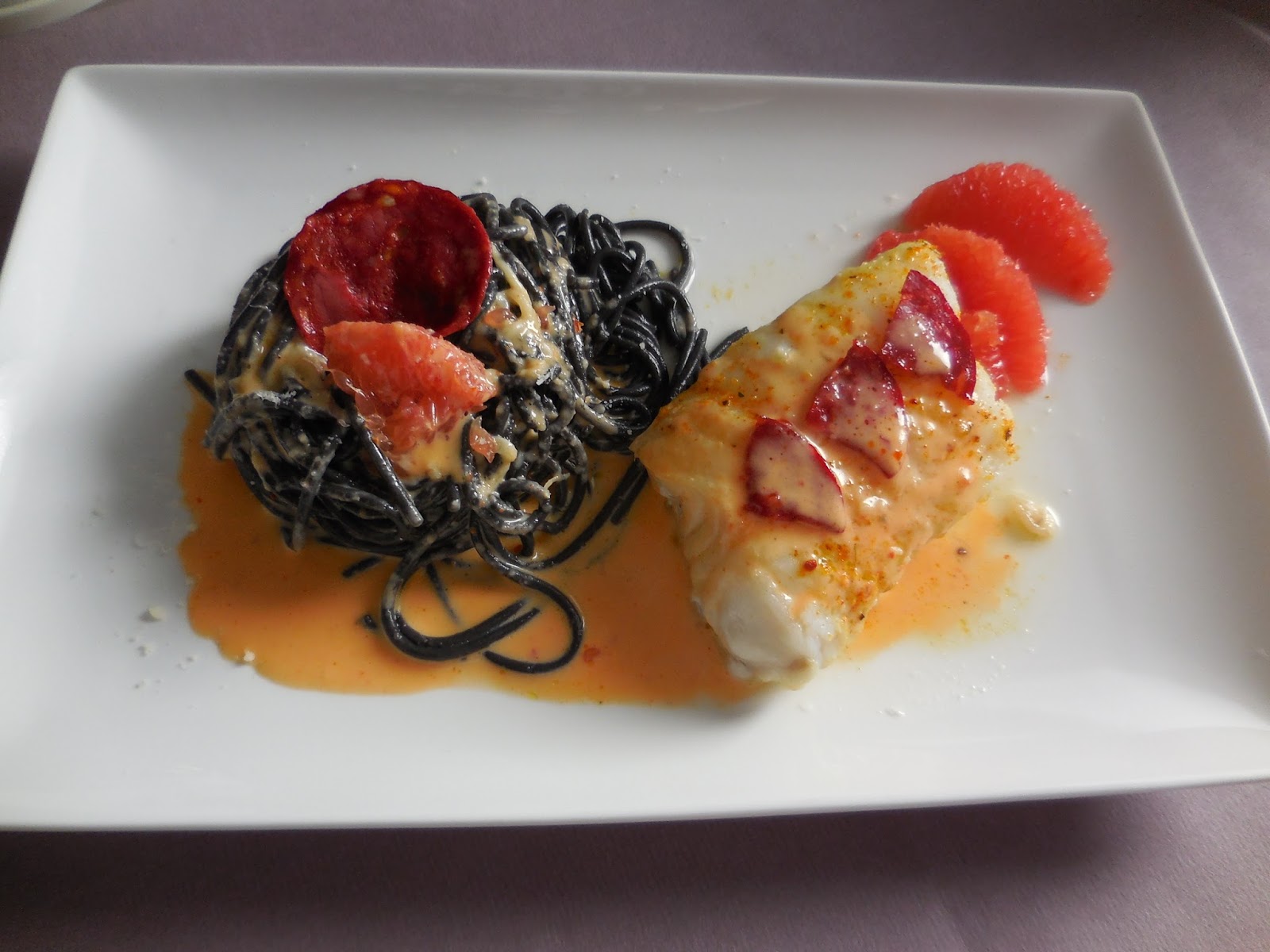 Cuisine de Line: DOS DE CABILLAUD CREME DE CHORIZO-PAMPLEMOUSSE