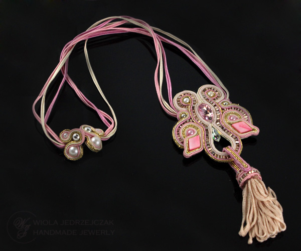 Handcraft jewelry. Stylish and luxury jewelry.  beautiful pink soutache necklace, swarovski, tassel