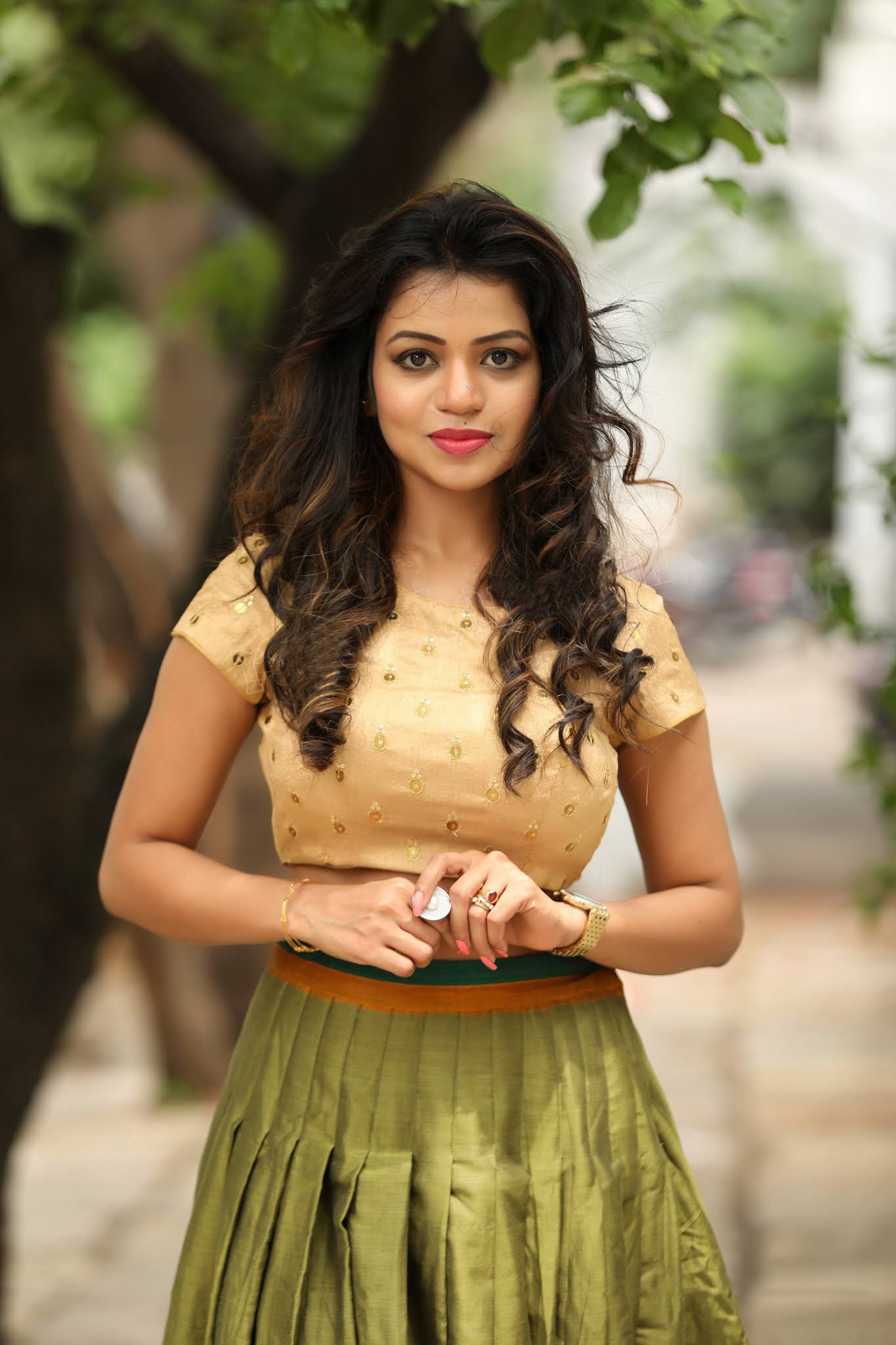 Bhavya Sree Loose Hair Cute Look In Green Skirt