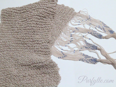 knitted scarf with beaded fringe in silver and dove grey with blue beads