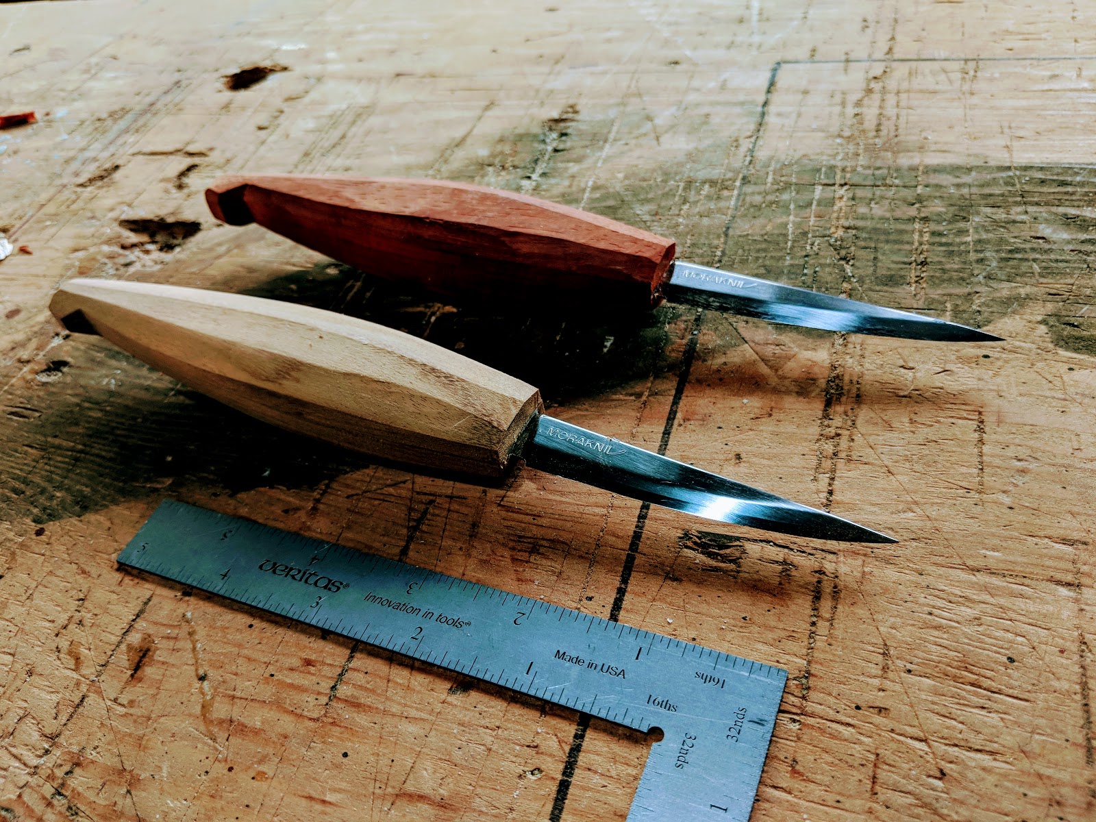 Manual fresh Mora 106 knife blades with shop made handles!