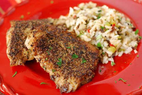 Blackened Redfish with Grilled Peppers and Rice