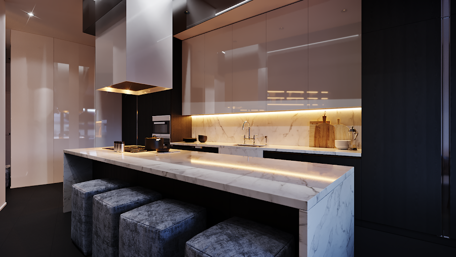 cocina negro y blanco con isla