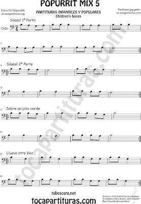  Mix 5 Partitura de Violonchelo Notas Si la sol, Sobre un Pino Verde, Llueve otra vez Popurrí Mix 5 Sheet Music for Cello Music Scores